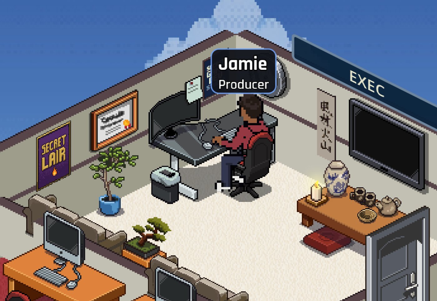 Jamie, Producer, at her desk in the Exec room